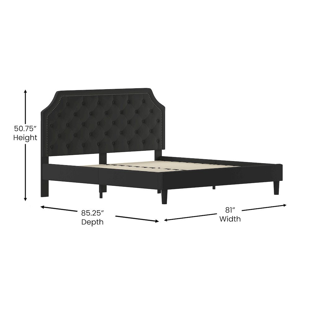 Marlin Elsa King Size Tufted Platform Bed in Black Upholstered Headboard, No Box Spring Needed