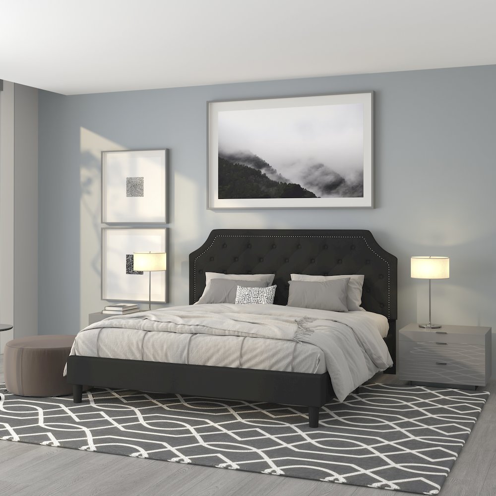 Marlin Elsa King Size Tufted Platform Bed in Black Upholstered Headboard, No Box Spring Needed