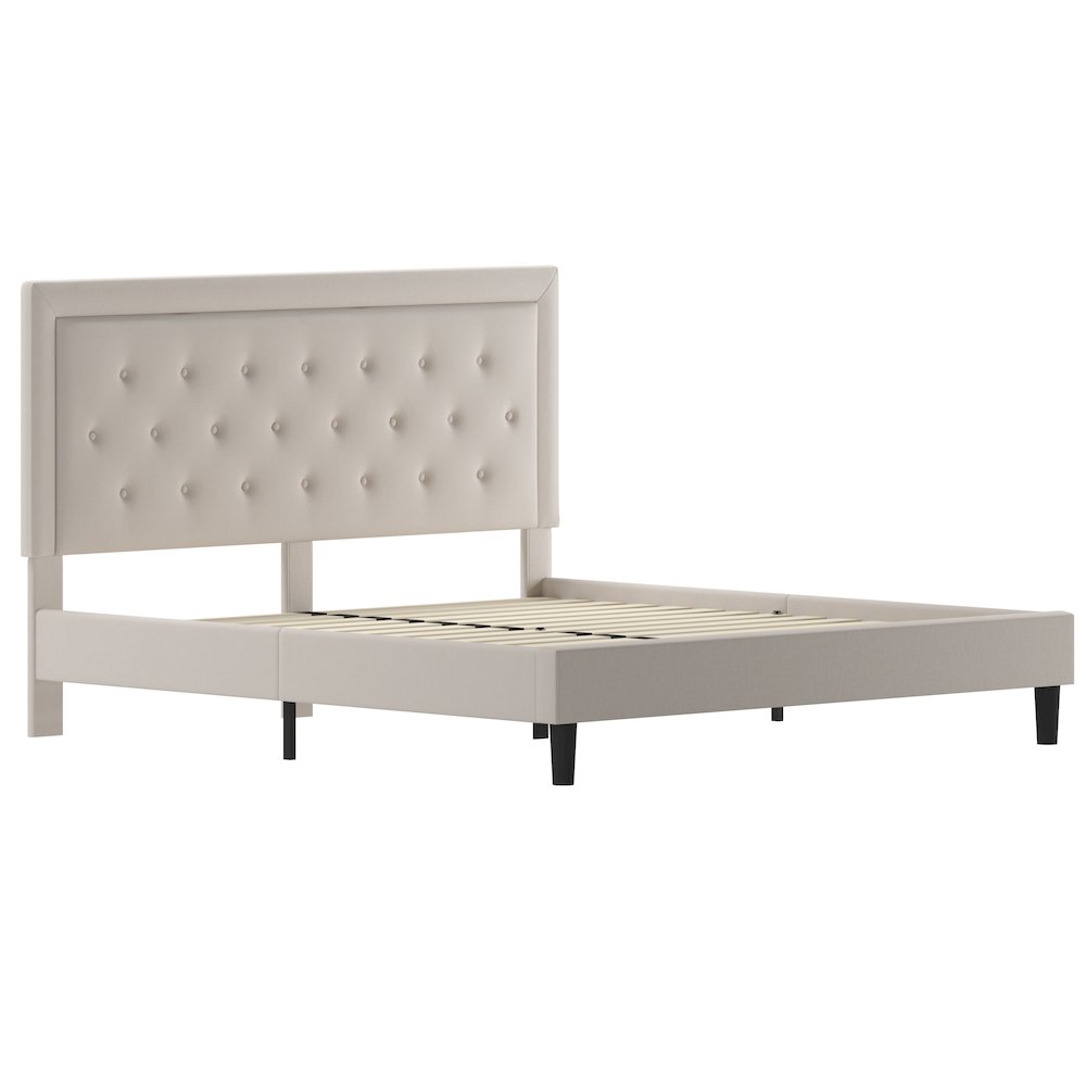 Roxbury King Size Tufted Upholstered Platform Bed in Beige Fabric