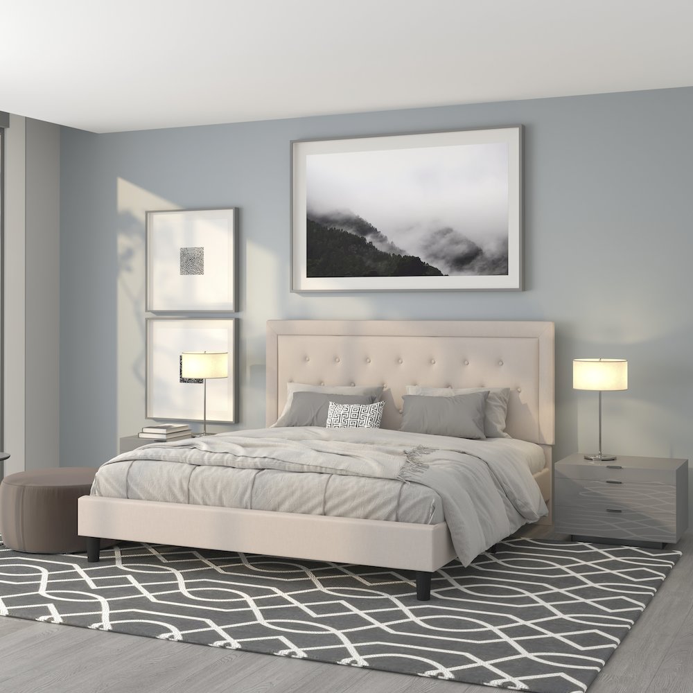 Roxbury King Size Tufted Upholstered Platform Bed in Beige Fabric