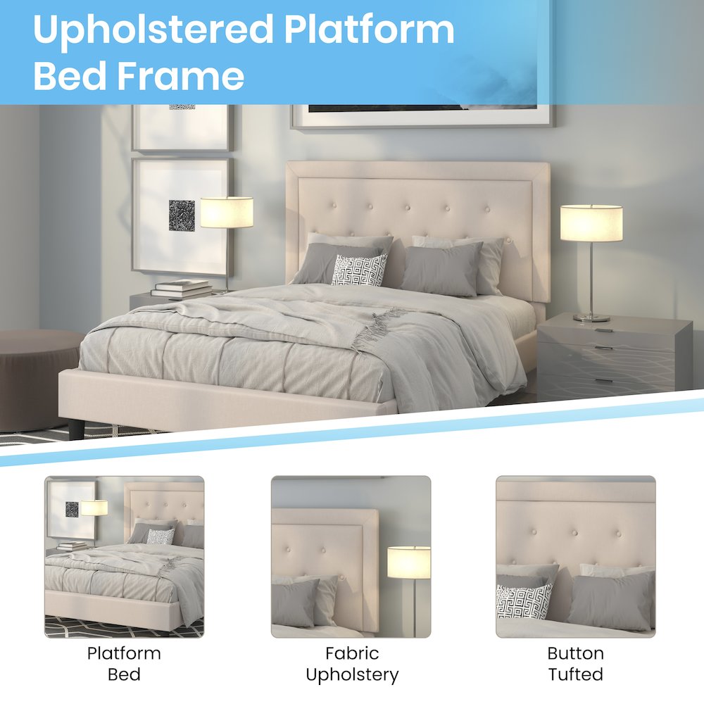 Roxbury Queen Size Tufted Upholstered Platform Bed in Beige Fabric