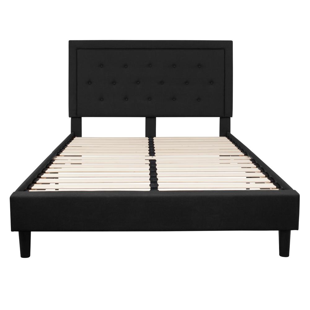 Marcy Queen Size Platform Bed Frame in Dark Grey Fabric with Headboard