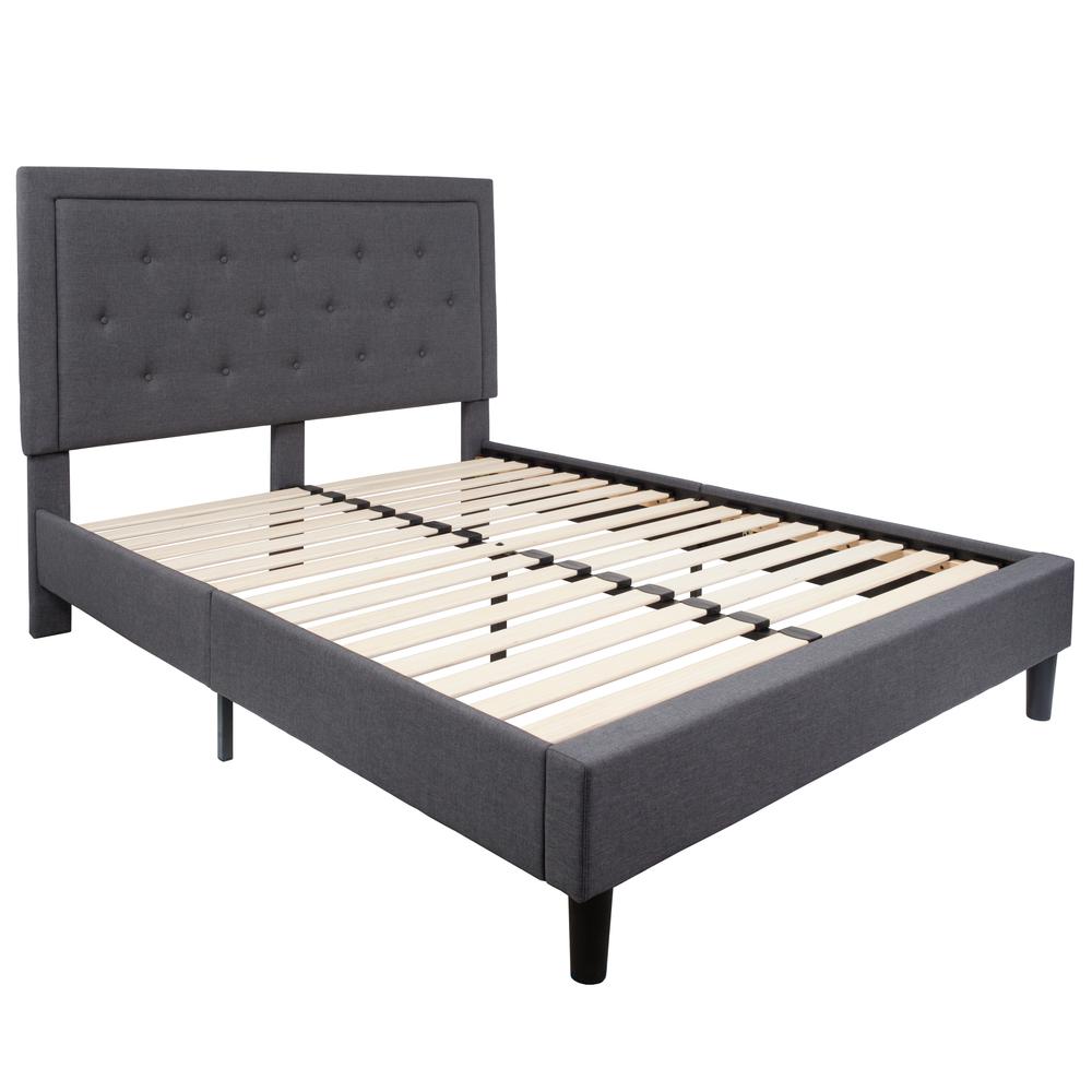 Marcy Queen Size Platform Bed Frame in Dark Grey Fabric with Headboard