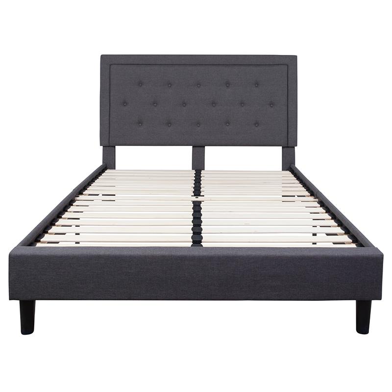 Marcy Queen Size Platform Bed Frame in Dark Grey Fabric with Headboard