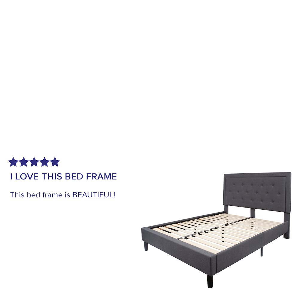 Marcy Queen Size Platform Bed Frame in Dark Grey Fabric with Headboard