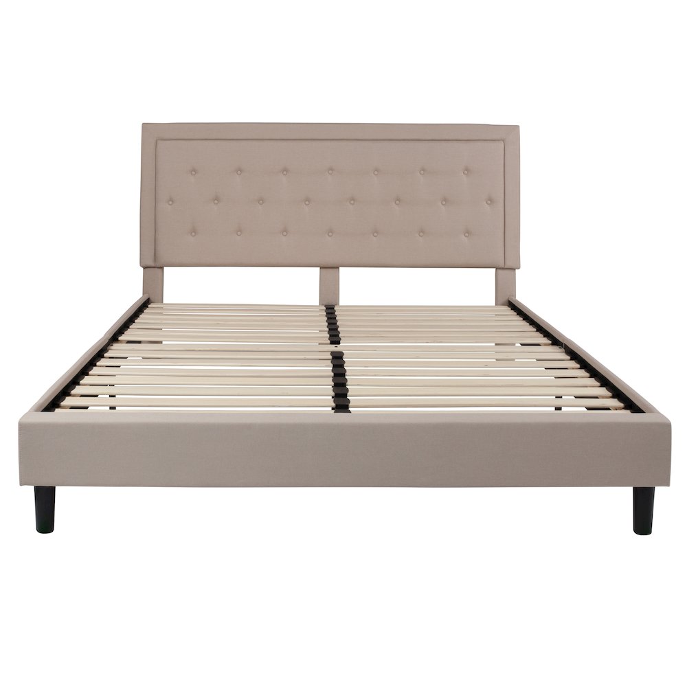 Roxbury King Size Tufted Upholstered Platform Bed in Beige Fabric with 10 Inch CertiPUR-US Certified Pocket Spring Mattress
