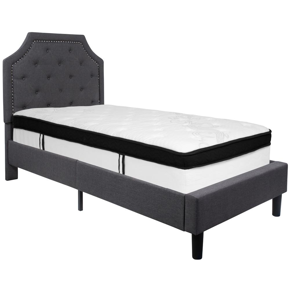 Charlene Twin Size Platform Bed in Light Grey Fabric with Memory Foam Mattress