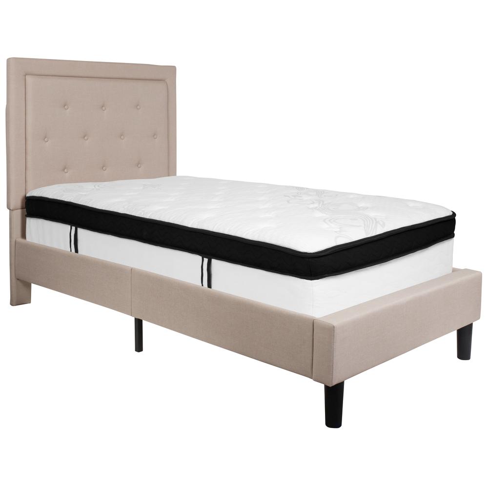 Holly Twin Size Platform Bed in Light Grey Fabric with Memory Foam Mattress