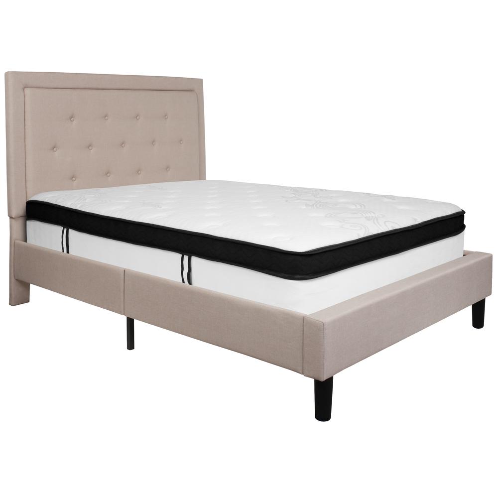 Holly Full Size Platform Bed in Beige Fabric with Memory Foam Mattress