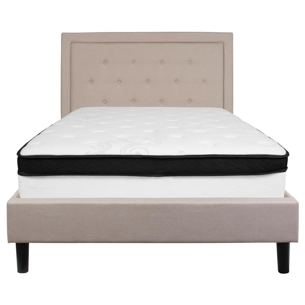 Holly Full Size Platform Bed in Beige Fabric with Memory Foam Mattress