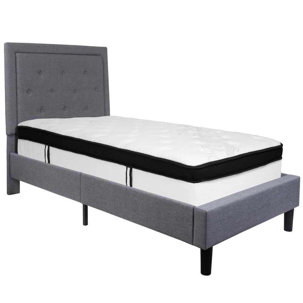 Holly Twin Size Platform Bed in Light Grey Fabric with Memory Foam Mattress