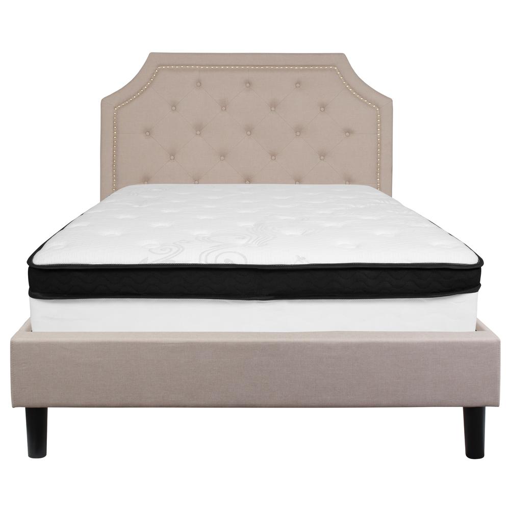 Charlene Full Size Platform Bed in Beige Fabric with Memory Foam Mattress