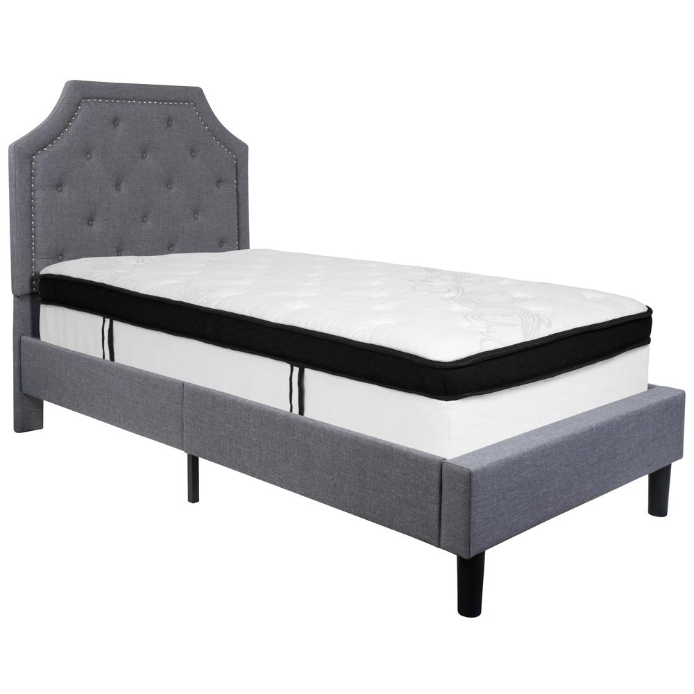 Charlene Twin Size Platform Bed in Light Grey Fabric with Memory Foam Mattress