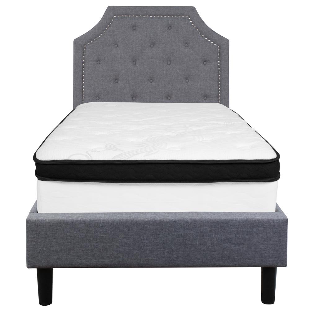 Charlene Twin Size Platform Bed in Light Grey Fabric with Memory Foam Mattress