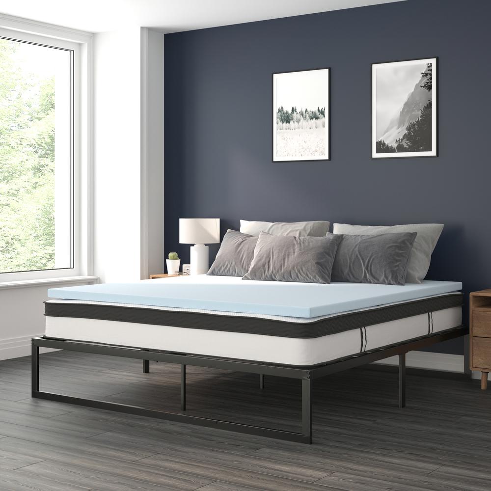 14 in Metal Platform Bed Frame and 3 in Cool Gel Memory Foam Topper - King