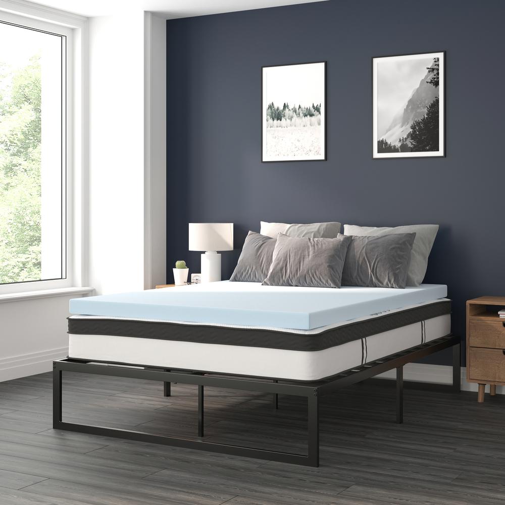 14 in Metal Platform Bed Frame and 3 in Cool Gel Memory Foam Topper - Queen