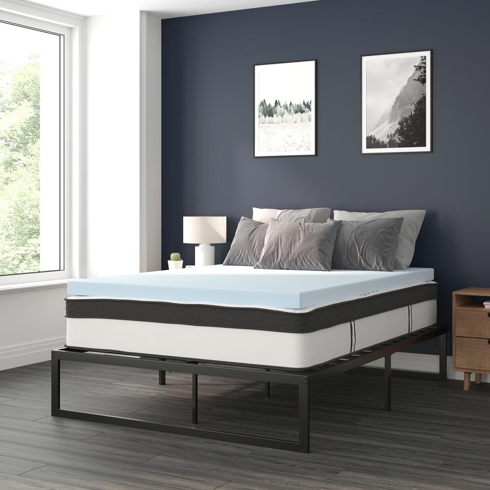 14 in Metal Platform Bed Frame with 12 in Mattress and 3 in Topper - Queen