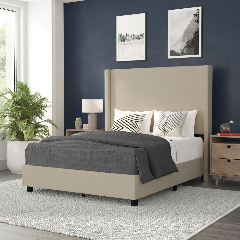 Sophia Full Upholstered Platform Bed with Channel Stitched Wingback Headboard, Beige