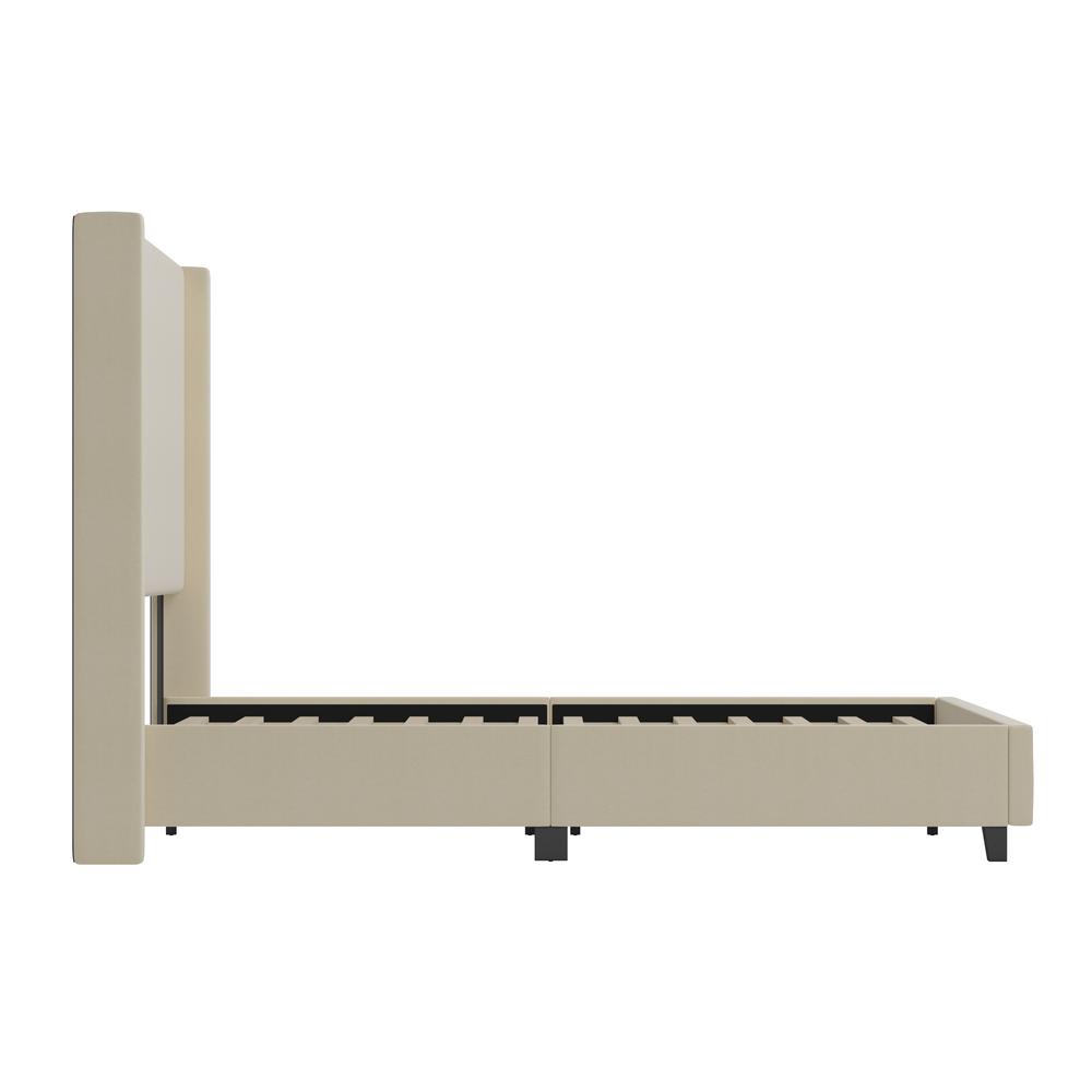 Sophia Queen Upholstered Platform Bed with Channel Stitched Wingback Headboard, Beige