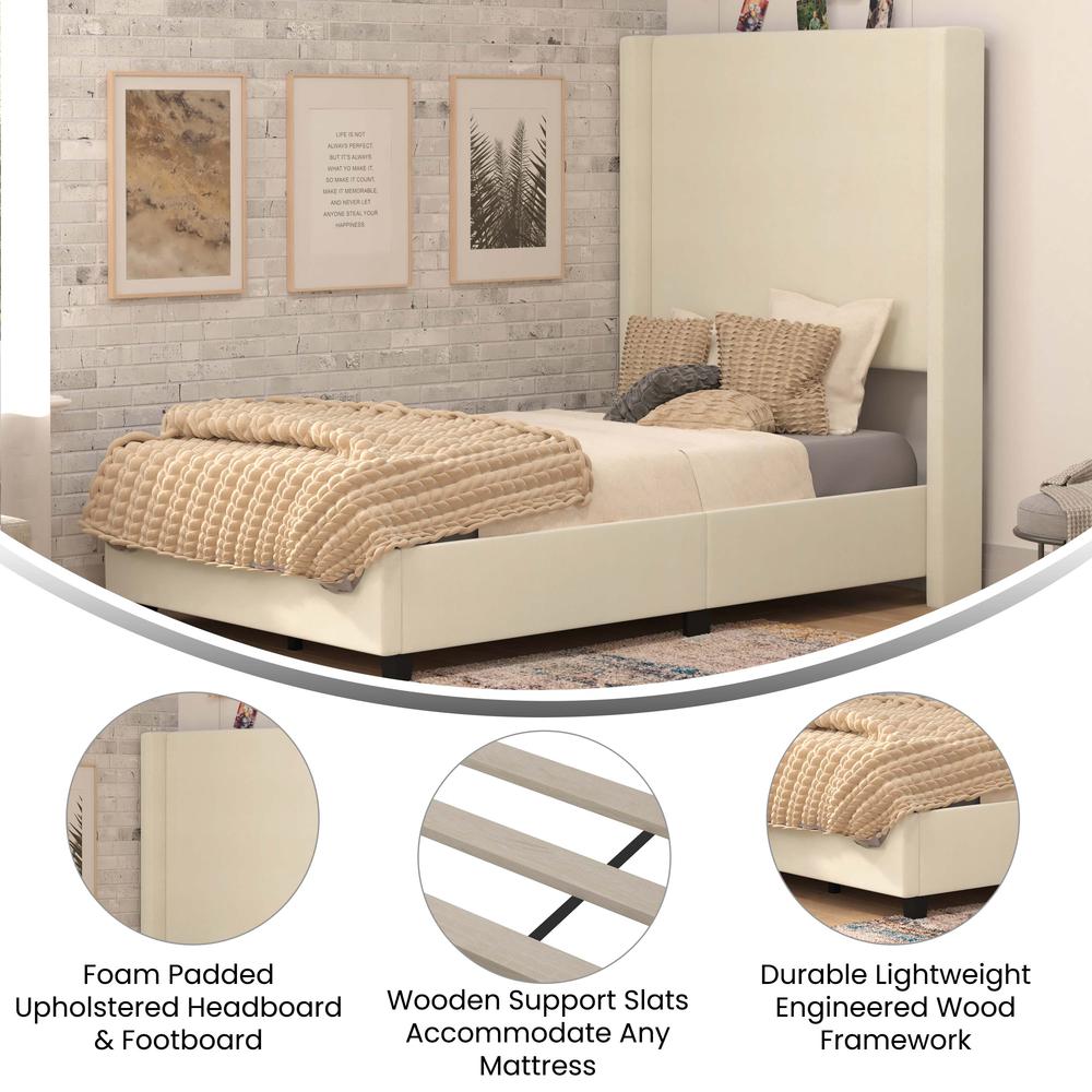 Sophia Twin Upholstered Platform Bed with Channel Stitched Wingback Headboard, Beige