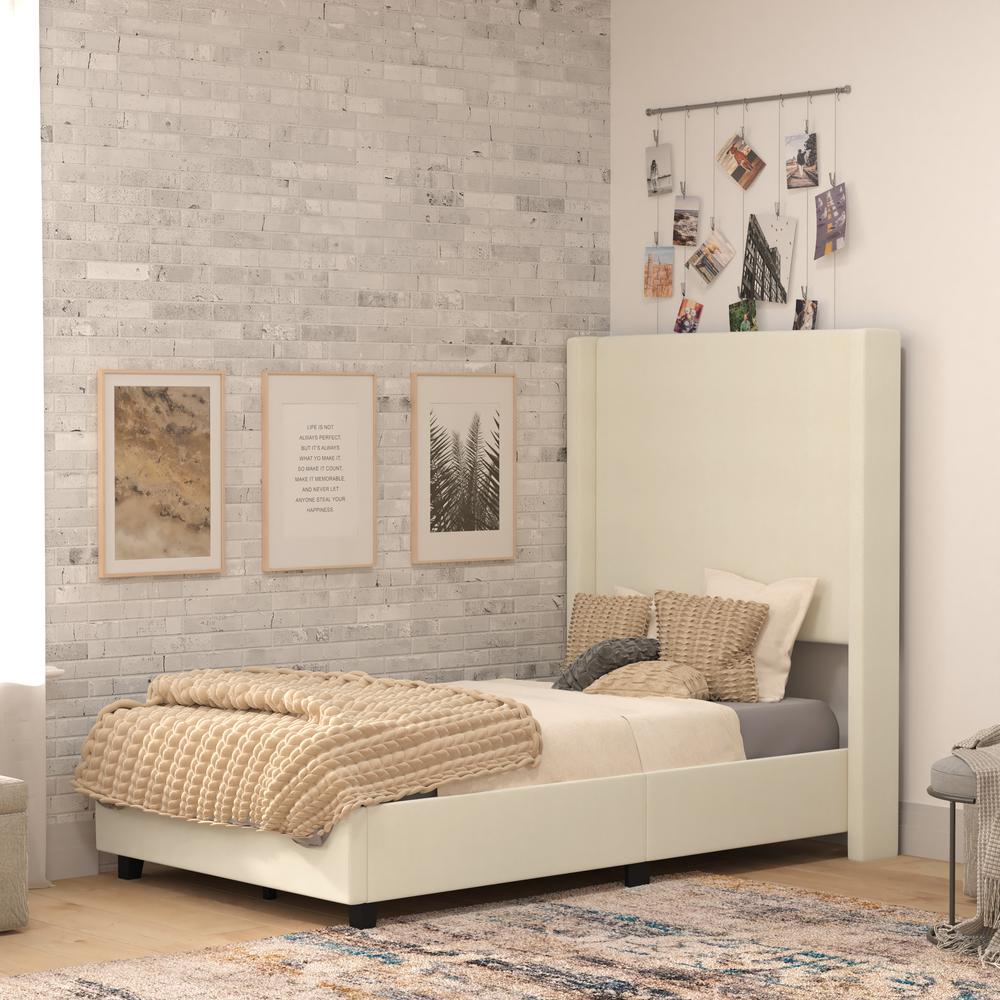 Sophia Twin Upholstered Platform Bed with Channel Stitched Wingback Headboard, Beige