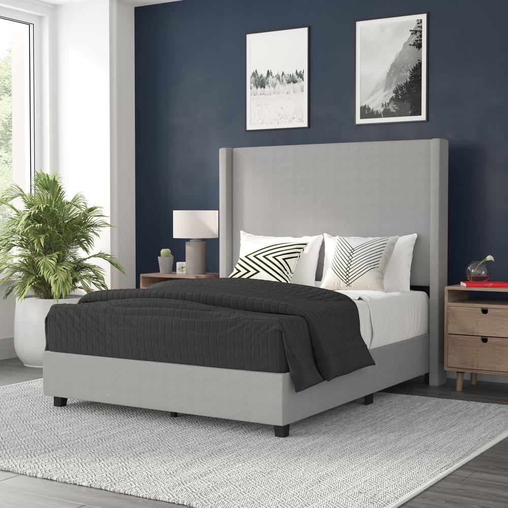 Mayra Full Upholstered Platform Bed with Channel Stitched Wingback Headboard, Grey