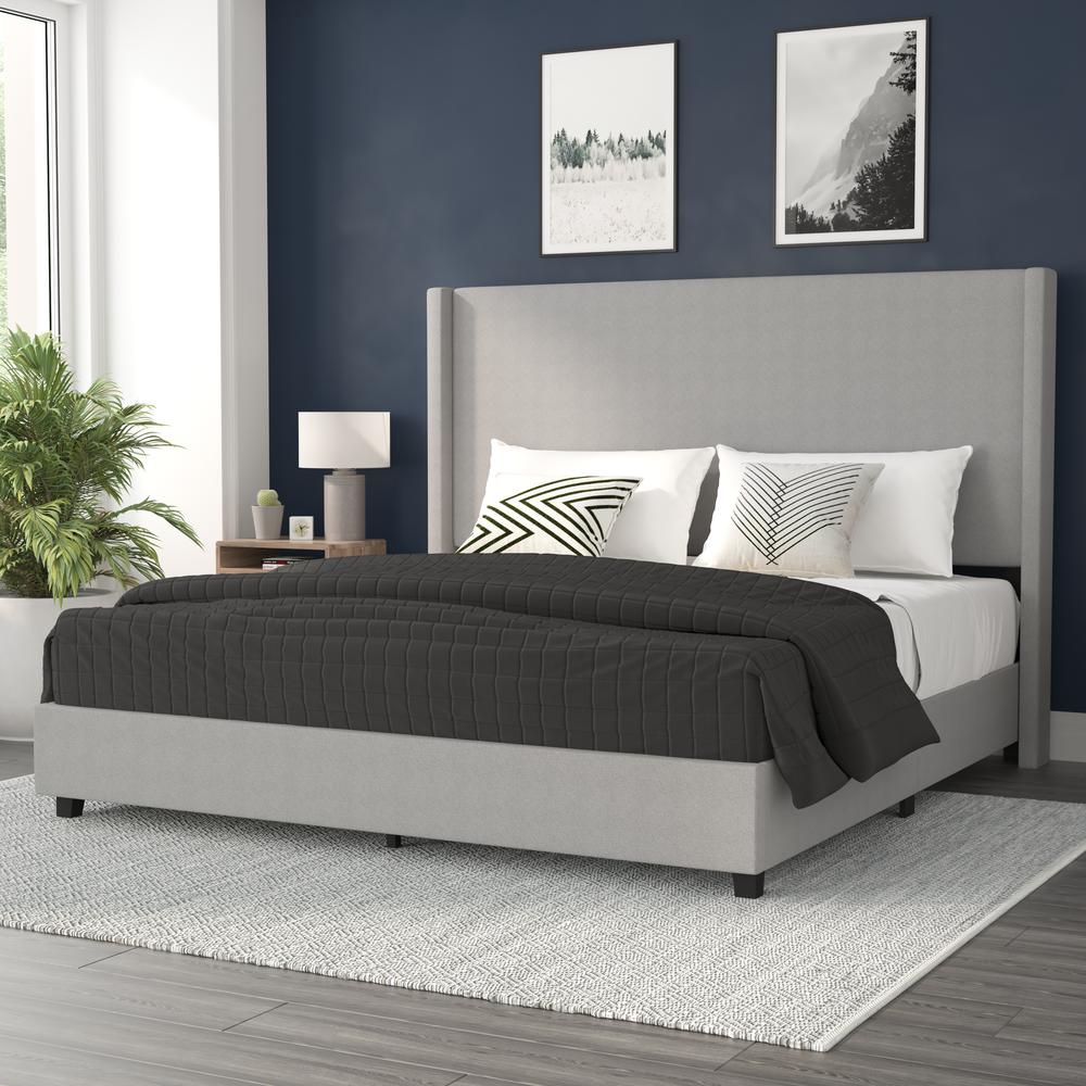 Mayra King Upholstered Platform Bed with Channel Stitched Wingback Headboard, Grey
