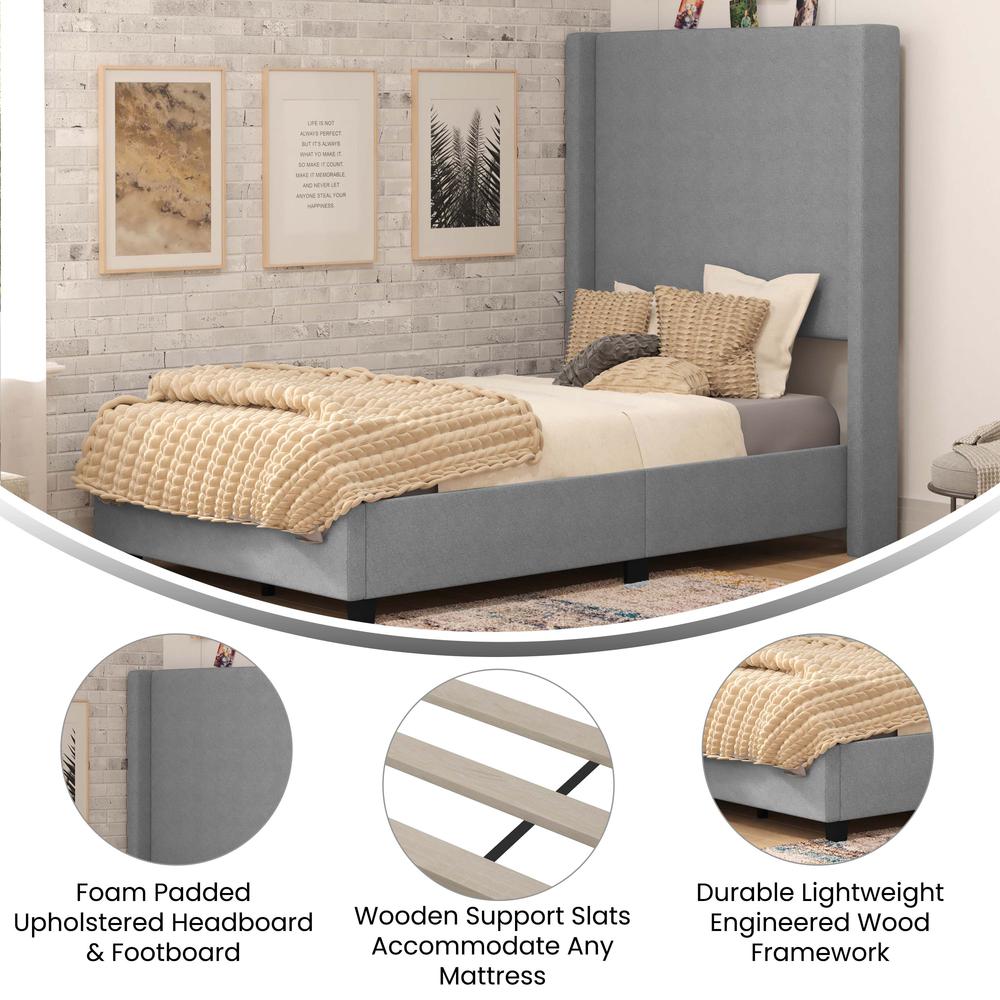 Mayra Twin Upholstered Platform Bed with Channel Stitched Wingback Headboard, Grey