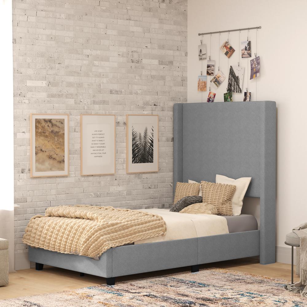 Mayra Twin Upholstered Platform Bed with Channel Stitched Wingback Headboard, Grey