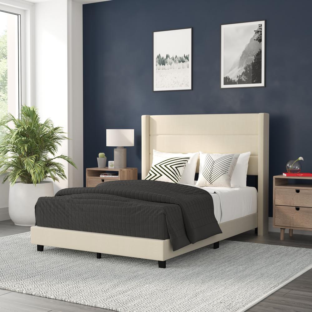 Melissa Full Upholstered Platform Bed with Wingback Headboard, Beige Faux Linen