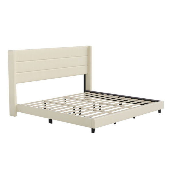 Hollis King Upholstered Platform Bed with Wingback Headboard, Beige