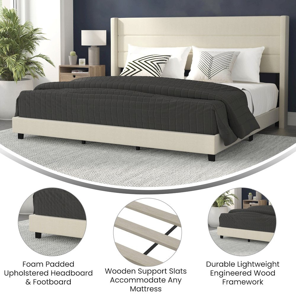 Hollis King Upholstered Platform Bed with Wingback Headboard, Beige