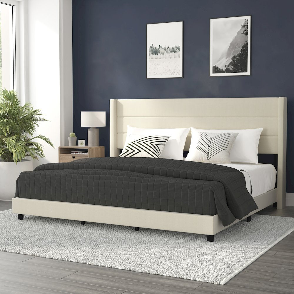 Hollis King Upholstered Platform Bed with Wingback Headboard, Beige