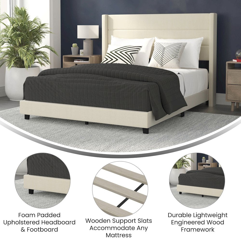 Hollis Queen Upholstered Platform Bed with Wingback Headboard, Beige