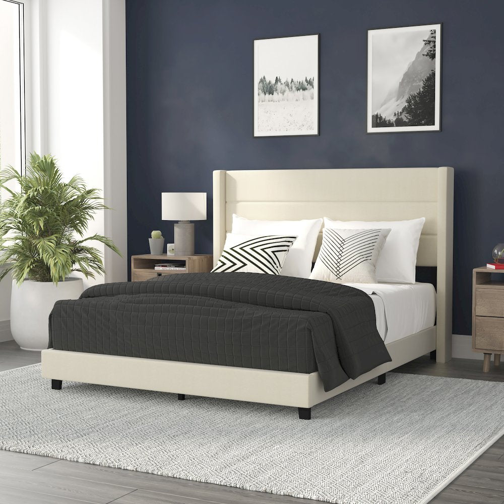 Hollis Queen Upholstered Platform Bed with Wingback Headboard, Beige