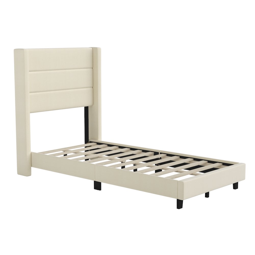 Hollis Twin Upholstered Platform Bed with Wingback Headboard, Beige