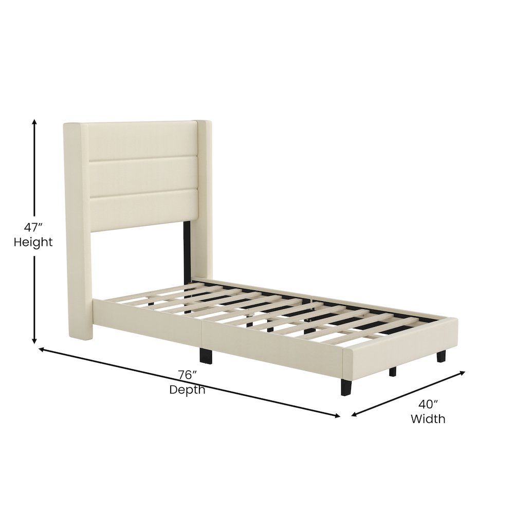 Hollis Twin Upholstered Platform Bed with Wingback Headboard, Beige