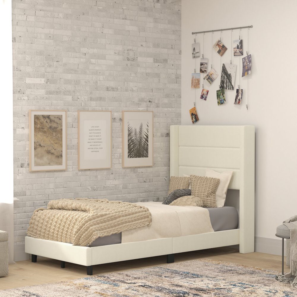 Hollis Twin Upholstered Platform Bed with Wingback Headboard, Beige