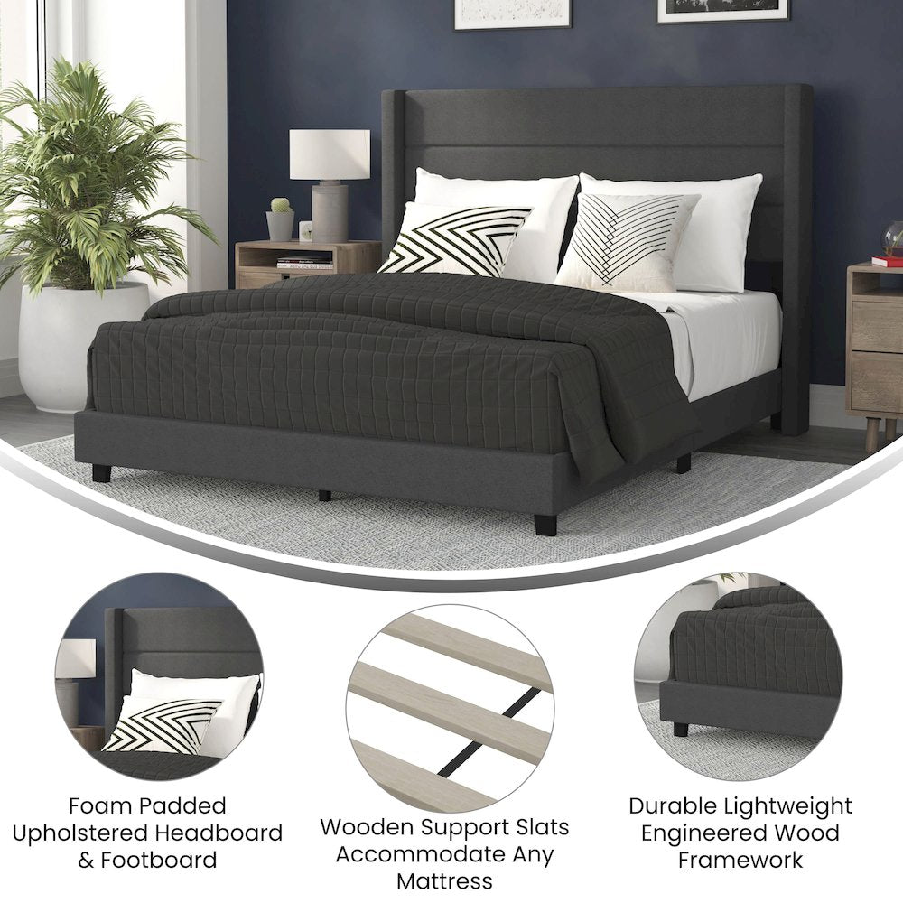 Hollis Full Upholstered Platform Bed with Wingback Headboard, Grey