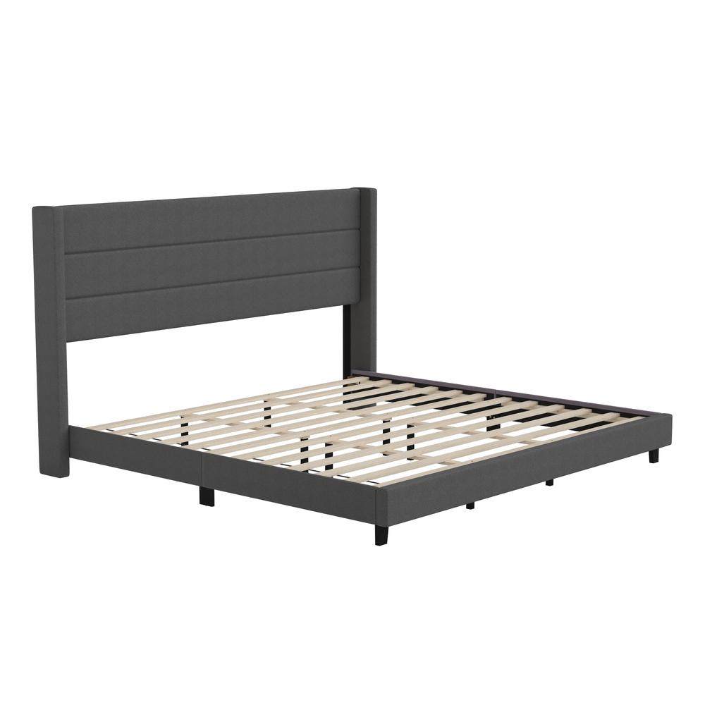 Melissa King Upholstered Platform Bed with Wingback Headboard, Charcoal Faux Linen