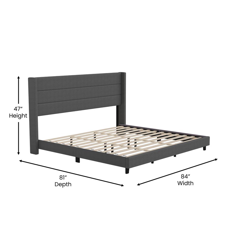 Melissa King Upholstered Platform Bed with Wingback Headboard, Charcoal Faux Linen