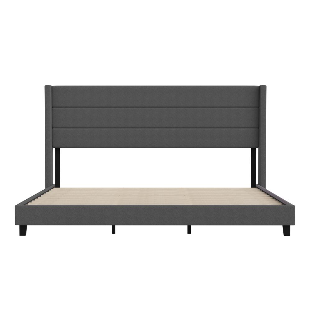 Melissa King Upholstered Platform Bed with Wingback Headboard, Charcoal Faux Linen