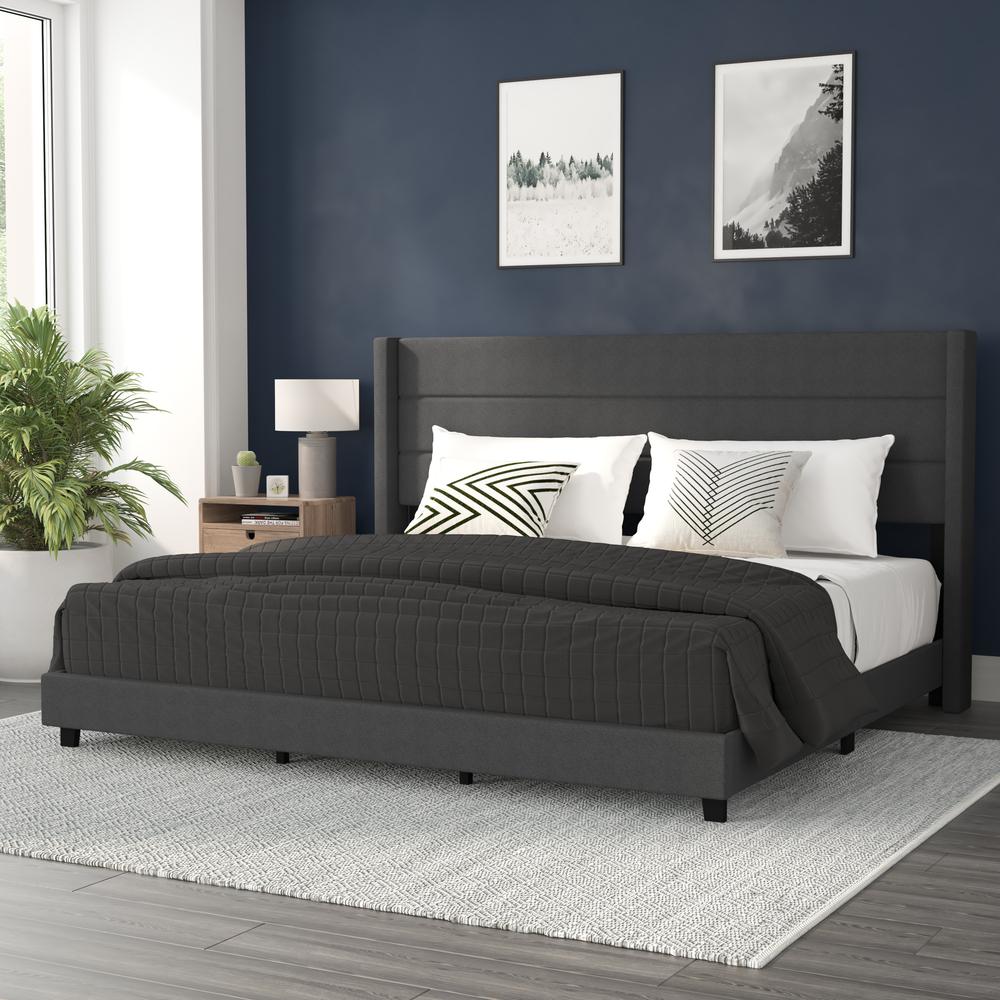 Melissa King Upholstered Platform Bed with Wingback Headboard, Charcoal Faux Linen