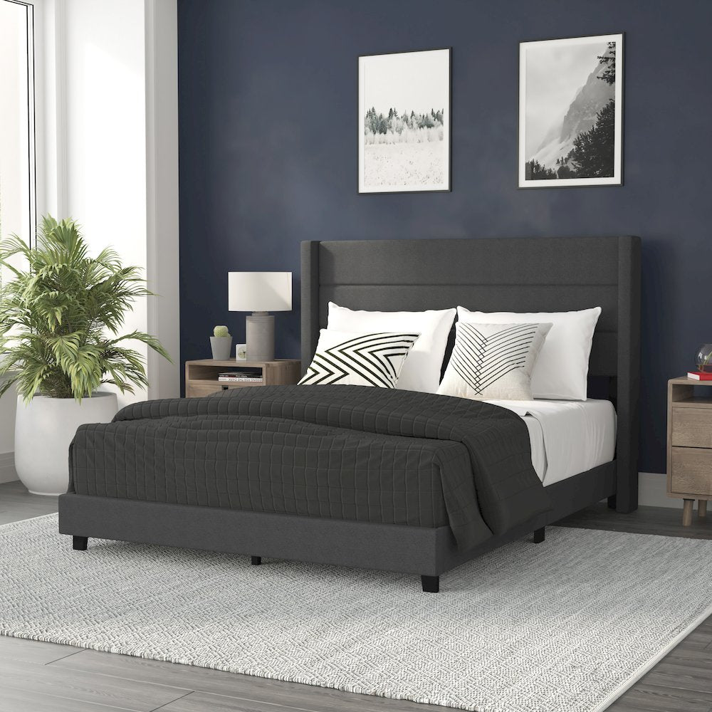 Hollis Queen Upholstered Platform Bed with Wingback Headboard, Grey