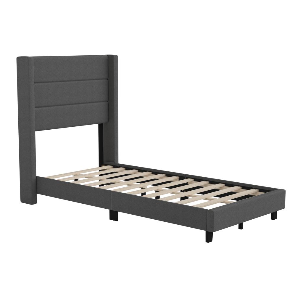 Melissa Twin Upholstered Platform Bed with Wingback Headboard, Grey Faux Linen