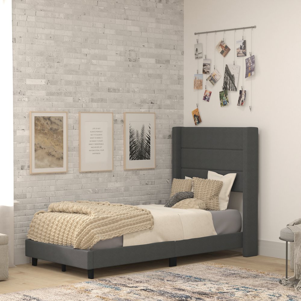 Hollis Twin Upholstered Platform Bed with Wingback Headboard, Grey
