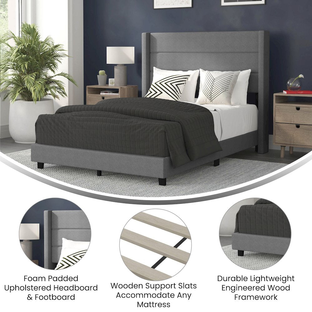 Hollis Full Upholstered Platform Bed with Wingback Headboard, Light Grey