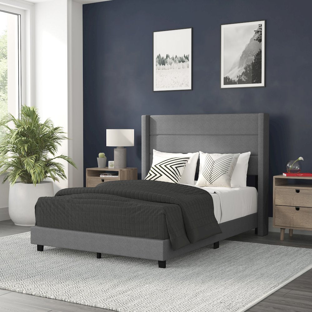 Hollis Full Upholstered Platform Bed with Wingback Headboard, Light Grey