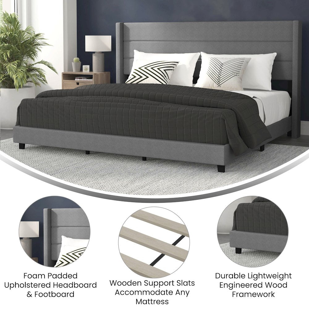 Hollis King Upholstered Platform Bed with Wingback Headboard, Grey
