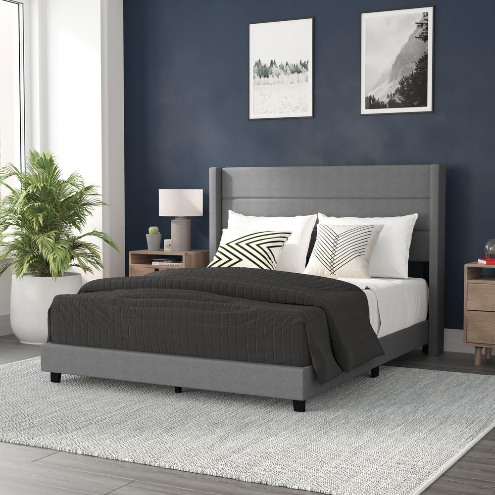 Melissa Queen Upholstered Platform Bed with Wingback Headboard, Grey Faux Linen